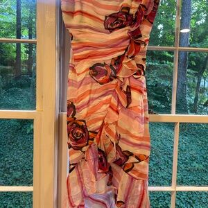 Kay Unger Asymmetrical Pink and Red Floral Dress
